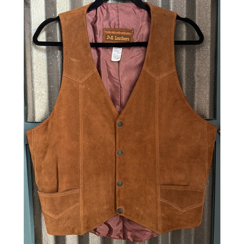 J&A Leathers VTG Suede Vest Western Biker Pockets Snap Front Vintage 80s 90s